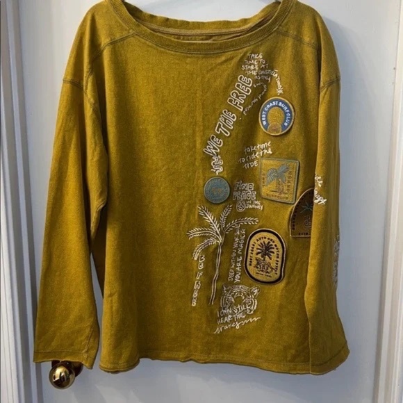 We The Free Ivy Long Sleeve Mustard Knit Pullover with Patches and Embroidery - Picture 1 of 9